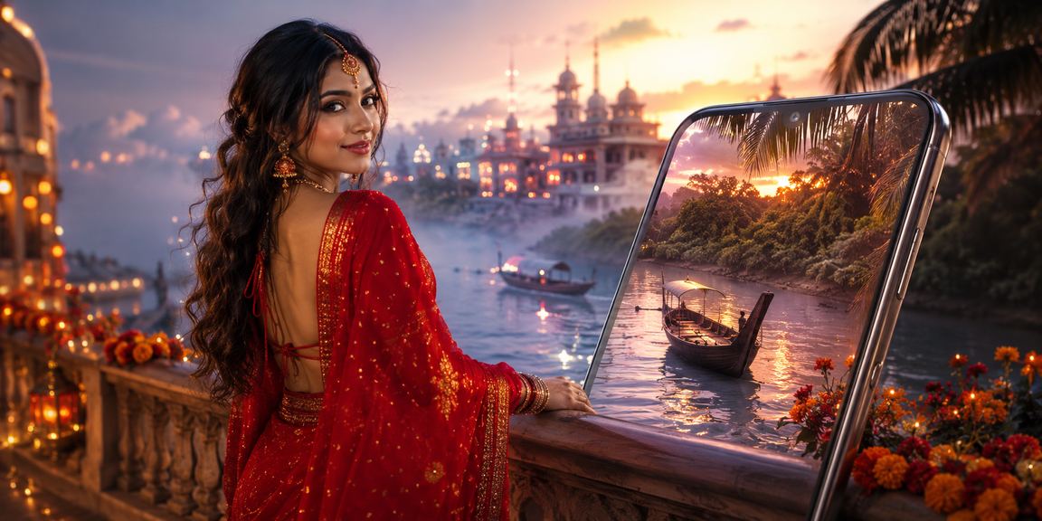 সুন্দরবনের পটভূমিতে শাড়ি পরা নারী ক্যাসিনো অ্যাপে পুরস্কার দেখছেন