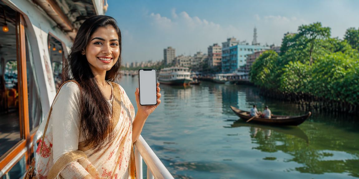 সুন্দরবনের পটভূমিতে একজন বাংলাদেশি মডেল মোবাইল ক্যাসিনো গেম খেলছেন